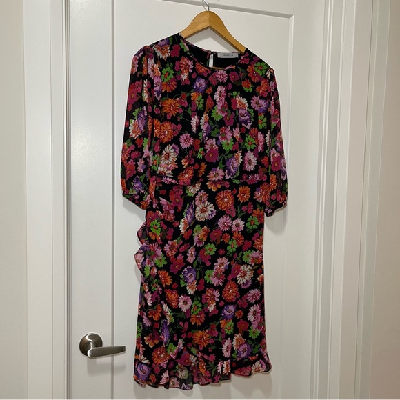 MARELLA - Deep Fuchsia - Floral Ruffle - Long-Sleeve Dress - Women’s 10 - Picture 5 of 11
